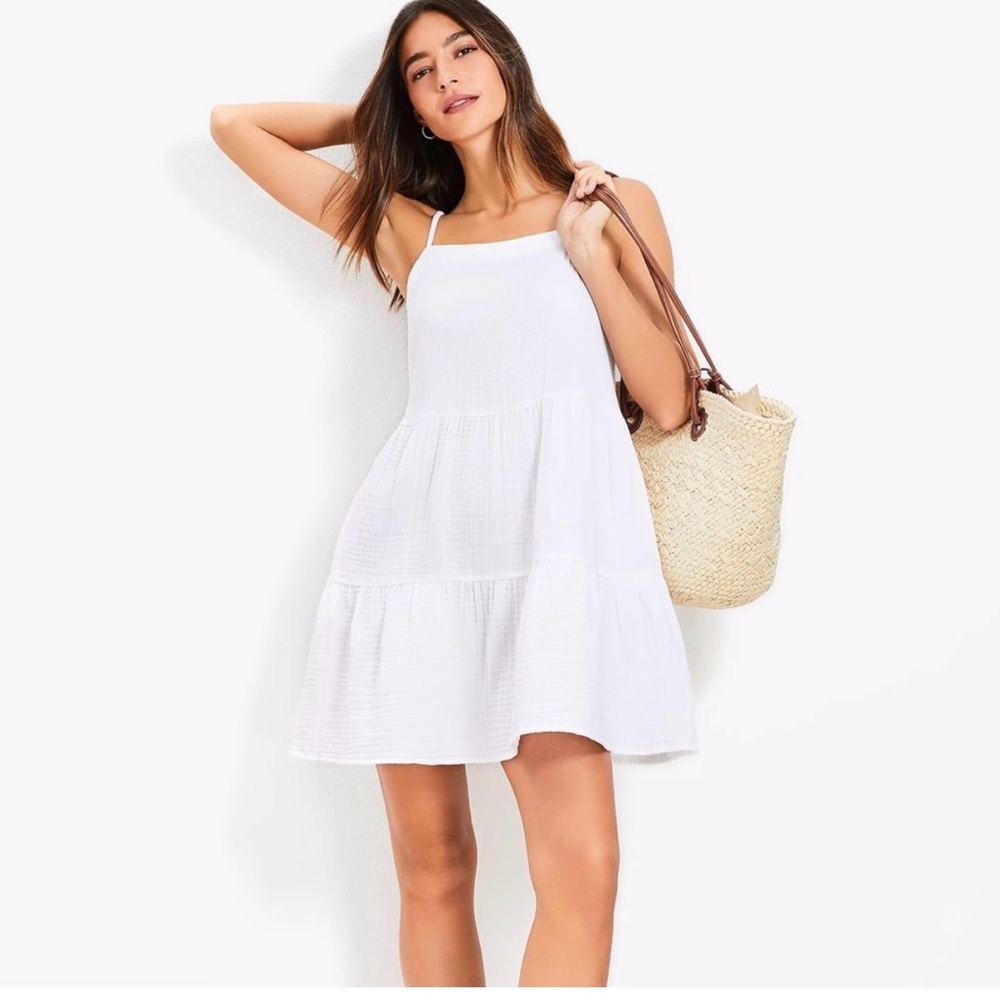 NWT loft beach white tiered adjustable strap dress with pockets Size Medium